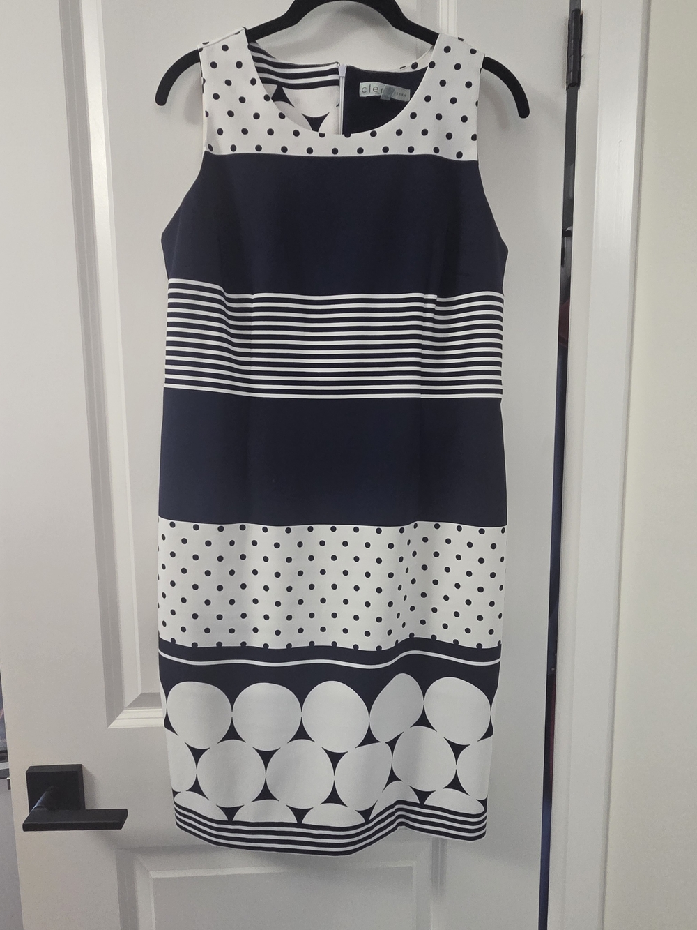 Sleeveless Navy and White Patterned Shift Dress